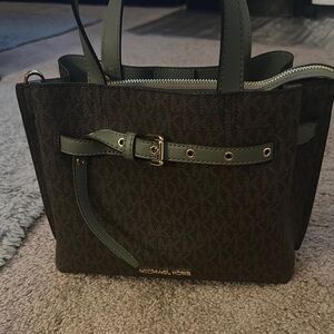 Michael Kors Brown and Green Satchel with Monogram Pattern